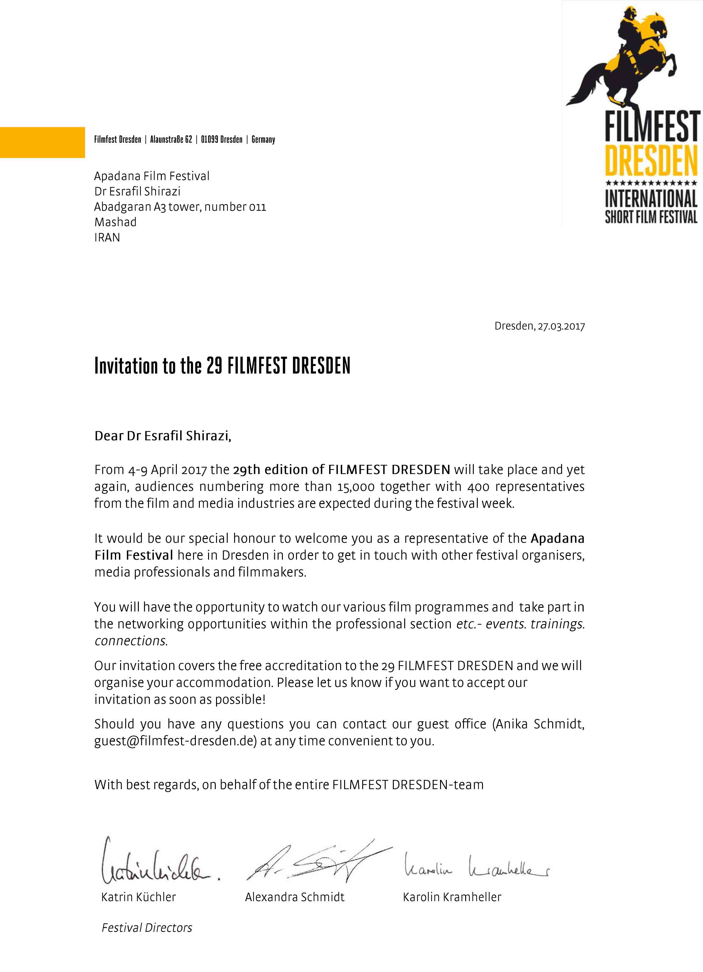 دعوتنامه از جشنواره درسدن آلمان